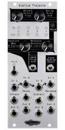 Quantus Trajecta Polyphonic envelopes made simple in 10HP silver Eurorack module with knobs and LEDs on top and jacks on bottom plus two switches and a hold button | Noise Engineering