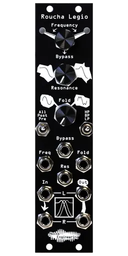 Roucha Legio Eurorack filter in black with three knobs on top, two switches in the middle, and eight jacks on bottom with white art | Noise Engineering