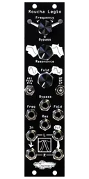 Roucha Legio Eurorack filter in black with three knobs on top, two switches in the middle, and eight jacks on bottom with white art | Noise Engineering