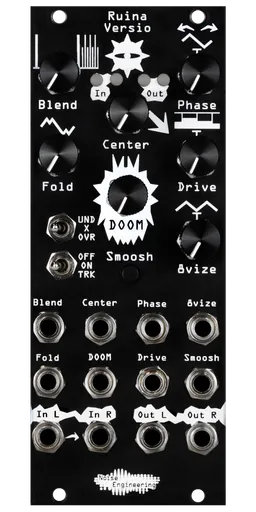 Ruina Versio distortion black Eurorack module with an ominous eyeball icon, with knobs and switches on the top and jacks on the bottom. | Noise Engineering