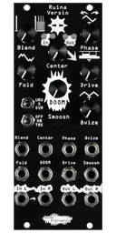 Ruina Versio distortion black Eurorack module with an ominous eyeball icon, with knobs and switches on the top and jacks on the bottom. | Noise Engineering