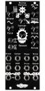 Ruina Versio distortion black Eurorack module with an ominous eyeball icon, with knobs and switches on the top and jacks on the bottom. | Noise Engineering