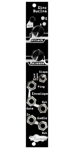 Sinc Bucina resonant lowpass gate black Eurorack module with industrial art with two knobs, LEDs, and a switch at top and jacks at bottom | Noise Engineering