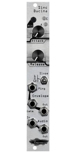 Sinc Bucina resonant lowpass gate silver Eurorack module with industrial art with two knobs, LEDs, and a switch at top and jacks at bottom | Noise Engineering