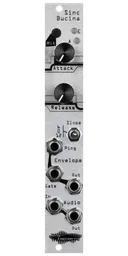 Sinc Bucina resonant lowpass gate silver Eurorack module with industrial art with two knobs, LEDs, and a switch at top and jacks at bottom | Noise Engineering
