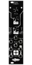 Sinc Legio module in black. Two LEDs at top with encoder and pots in a column. Two switches below and 8 jacks on bottom. | Noise Engineering