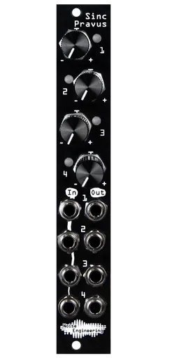 Sinc Pravus 4hp offset and mult in black with knobs and LEDs at top and jacks at bottom | Noise Engineering