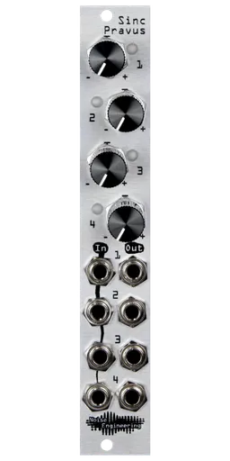 Sinc Pravus 4hp offset and mult in silver with knobs and LEDs at top and jacks at bottom | Noise Engineering