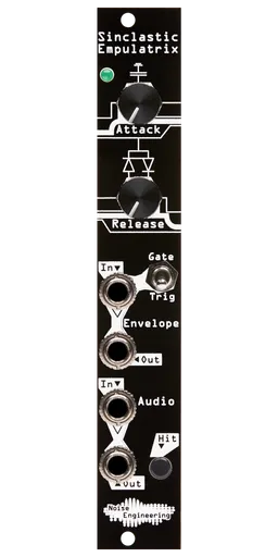 Exponential Attack-Release envelope generator combined with a clamping VCA in black | Sinclastic Empulatrix by Noise Engineering