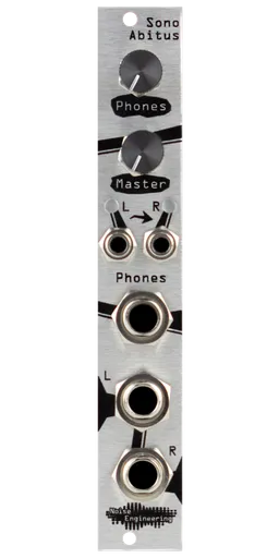 Sono Abitus balanced TRS output Eurorack module in silver with stylized art, with two knobs and LEDs at top and 1/8 inch and 1/4 inch jacks at bottom | Noise Engineering