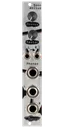 Sono Abitus balanced TRS output Eurorack module in silver with stylized art, with two knobs and LEDs at top and 1/8 inch and 1/4 inch jacks at bottom | Noise Engineering