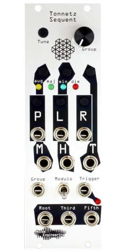 Tonnetz Sequent rhythm-to-triad generator module for Eurorack in silver with buttons, LEDs, and knob at top and jacks on bottom | Noise Engineering