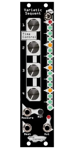 Variatic Sequent a minimal trigger sequencer with flexible expander for Eurorack with knobs and a column of LEDs on top and jacks on bottom with black panel | Noise Engineering