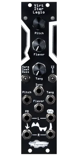 Virt Iter Legio 6 hp Eurorack oscillator and DSP platform in black with knobs, LEDs, and switches on top and jacks on bottom | Noise Engineering