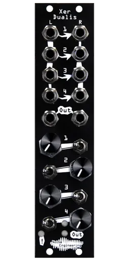 Xer Dualis 4-channel mixer with mutes and clip LED in 6 HP in black. Switches and knobs are on the bottom with jacks on top | Noise Engineering