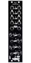 Xer Dualis 4-channel mixer with mutes and clip LED in 6 HP in black. Switches and knobs are on the bottom with jacks on top | Noise Engineering