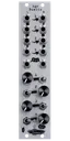 Xer Dualis 4-channel mixer with mutes and clip LED in 6 HP in silver. Switches and knobs are on the bottom with jacks on top | Noise Engineering