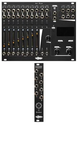 Xer Mixa and Expando Expandi bundle in black: the mixer has 14 stereo pairs of jacks with pairs of LEDs. Below that are momentaries for channel select, sliders for volume, switch mutes, and to the right, encoders and mometaries to control the screen. The mixer dwarfs the 4hp expander which has 8 jacks, a mysterious symbol, and an LED labeled Status. | Noise Engineering