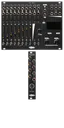 Xer Mixa and Expando Expandi bundle in black: the mixer has 14 stereo pairs of jacks with pairs of LEDs. Below that are momentaries for channel select, sliders for volume, switch mutes, and to the right, encoders and mometaries to control the screen. The mixer dwarfs the 4hp expander which has 8 jacks, a mysterious symbol, and an LED labeled Status. | Noise Engineering