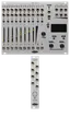 Xer Mixa and Expando Expandi bundle in silver: the mixer has 14 stereo pairs of jacks with pairs of LEDs. Below that are momentaries for channel select, sliders for volume, switch mutes, and to the right, encoders and mometaries to control the screen. The mixer dwarfs the 4hp expander which has 8 jacks, a mysterious symbol, and an LED labeled Status. | Noise Engineering