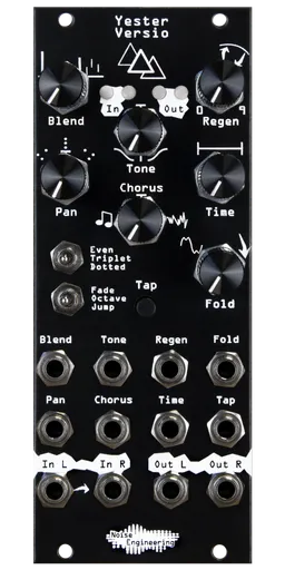 Yester Versio, a stereo 3-tap simple delay in black. Includes tap tempo, chorus control, and wave folding controls. | Noise Engineering