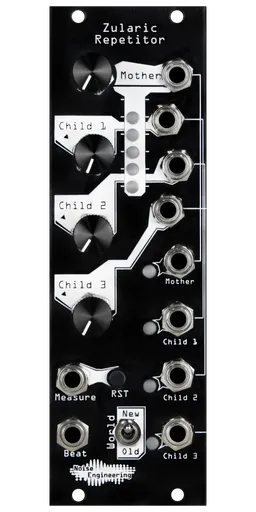 Zularic Repetitor black Eurorack rhythm generator module with stylized art, with four knobs and LEDs at top connecting to buttons, a switch, and jacks a the bottom and right side. | Noise Engineering