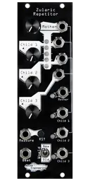 Zularic Repetitor black Eurorack rhythm generator module with stylized art, with four knobs and LEDs at top connecting to buttons, a switch, and jacks a the bottom and right side. | Noise Engineering