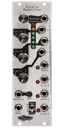 Zularic Repetitor silver Eurorack rhythm generator module with stylized art, with four knobs and LEDs at top connecting to buttons, a switch, and jacks a the bottom and right side. | Noise Engineering