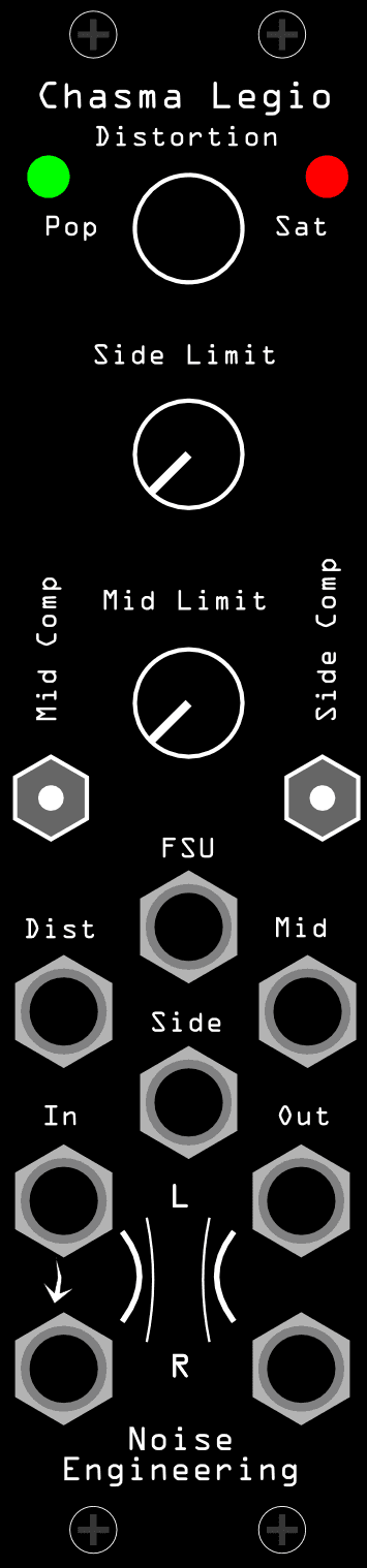 The Chasma Legio panel: Distortion, Side Limit and Mid Limit knobs down the centre, Mid Comp and Side Comp switches below them, and the FSU, In L/R and Out L/R jacks