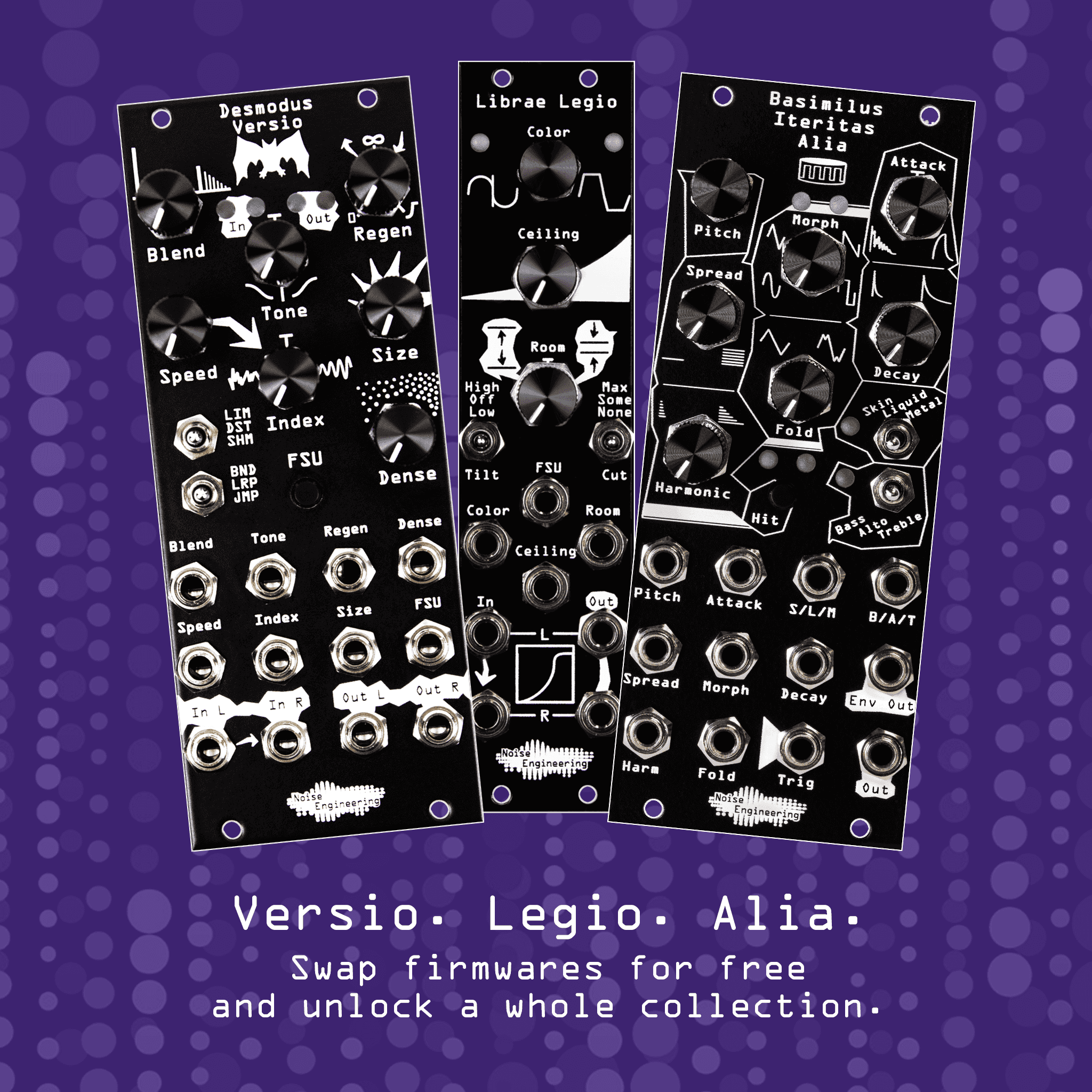 Versio, Legio, and Alia modules on a purple background. Swap firmwares for free and unlock a whole collection