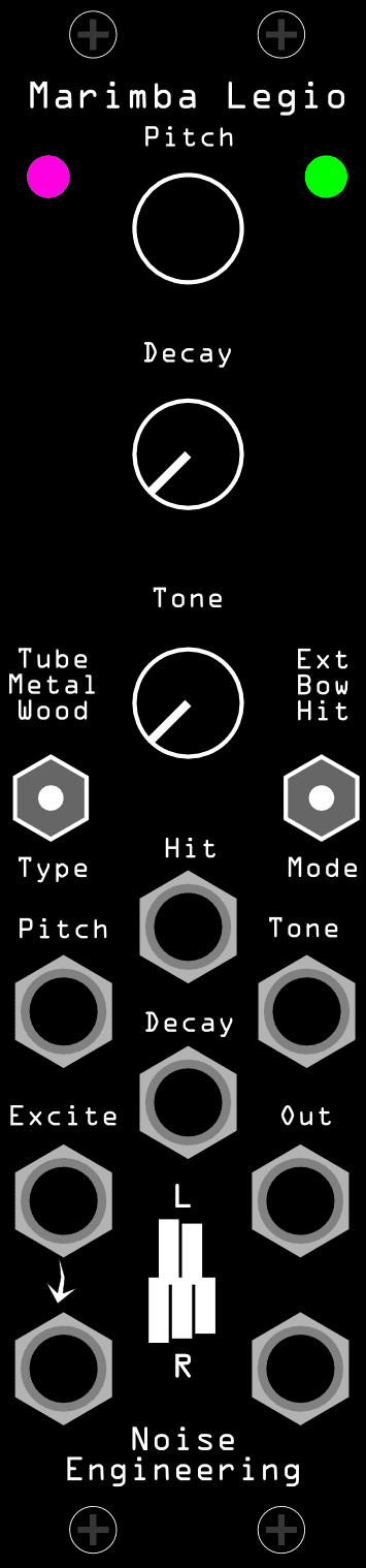 The Marimba Legio panel: Pitch, Decay and Tone knobs down the centre, Type and Mode switches below them, and the Hit, Excite L/R and Out L/R jacks