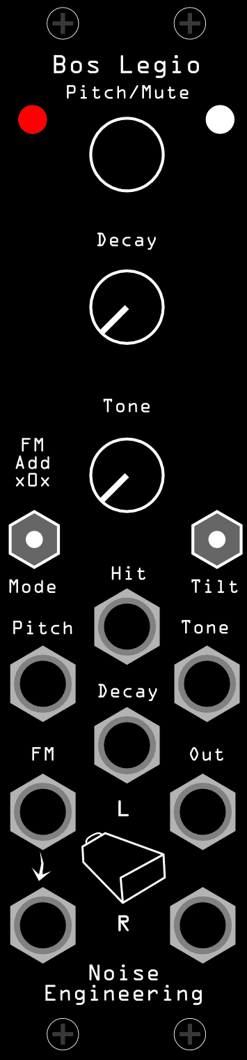 The Bos Legio panel: Pitch/Mute, Decay and Tone knobs down the centre, Mode and Tilt switches below them, and the Hit, FM L/R and Out L/R jacks
