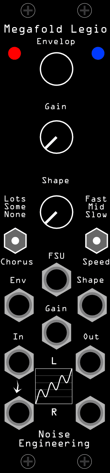 The Megafold Legio panel: Envelop, Gain and Shape knobs down the centre, Chorus and Speed switches below them, and the FSU, In L/R and Out L/R jacks