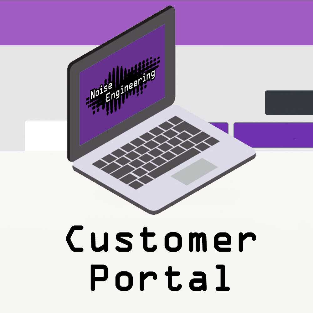 Decorative purple stripes in the background with a laptop up front. The Noise Engineering Logo is on the screen. Text reads Customer Portal.