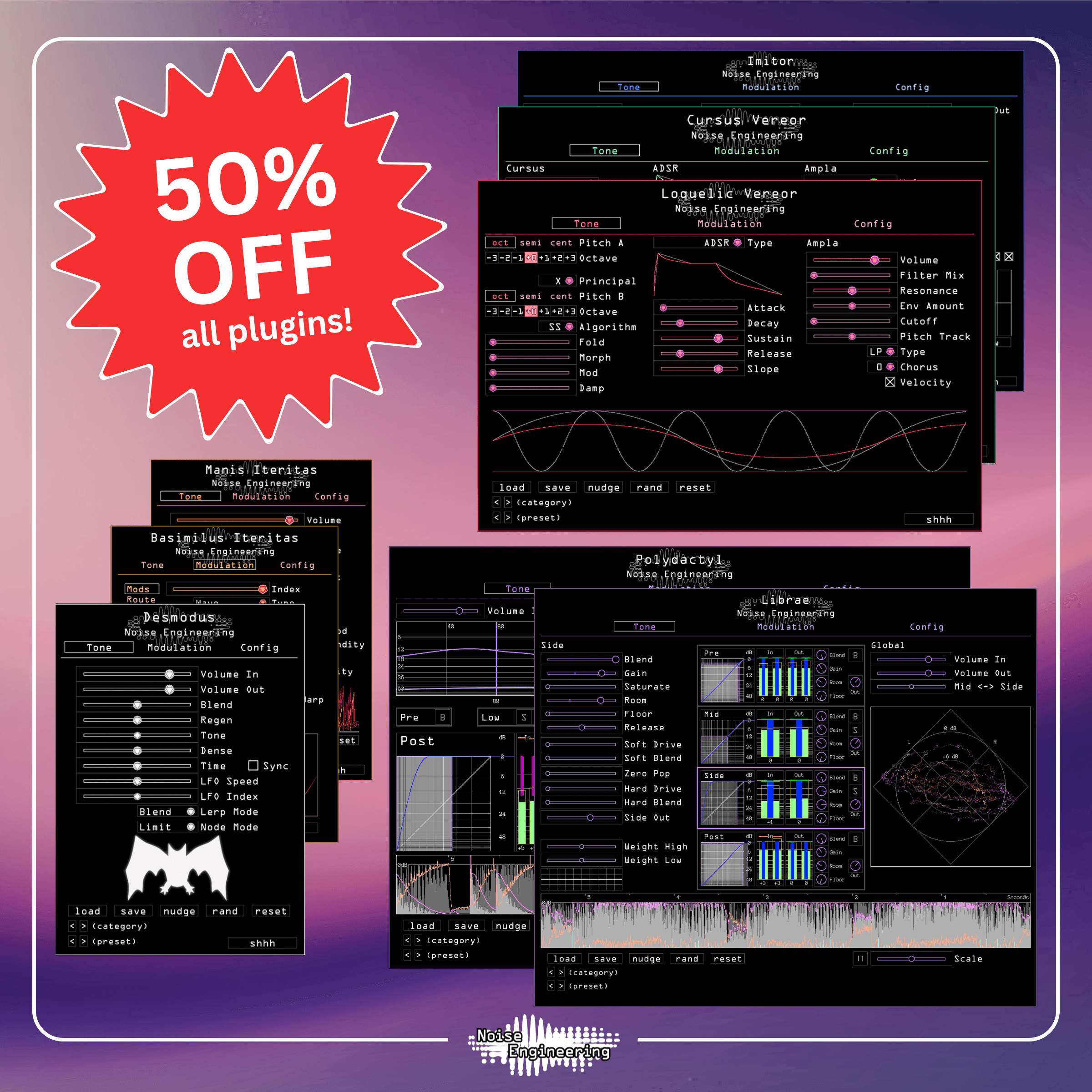 All Noise Engineering plugins on a pink and purple background. Red badge says 50% off all plugins!