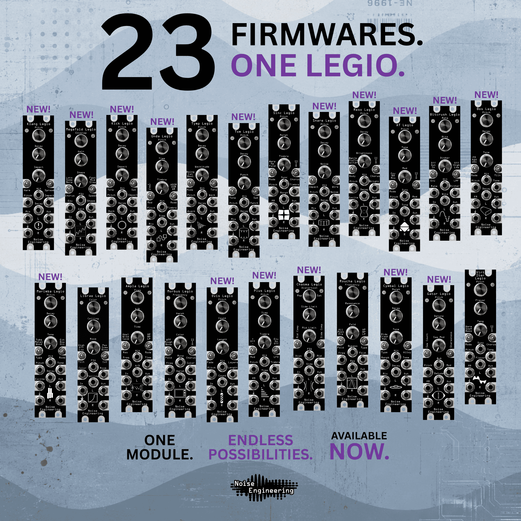 The 23 Legio firmware panels laid out in two rows, 16 of them flagged NEW