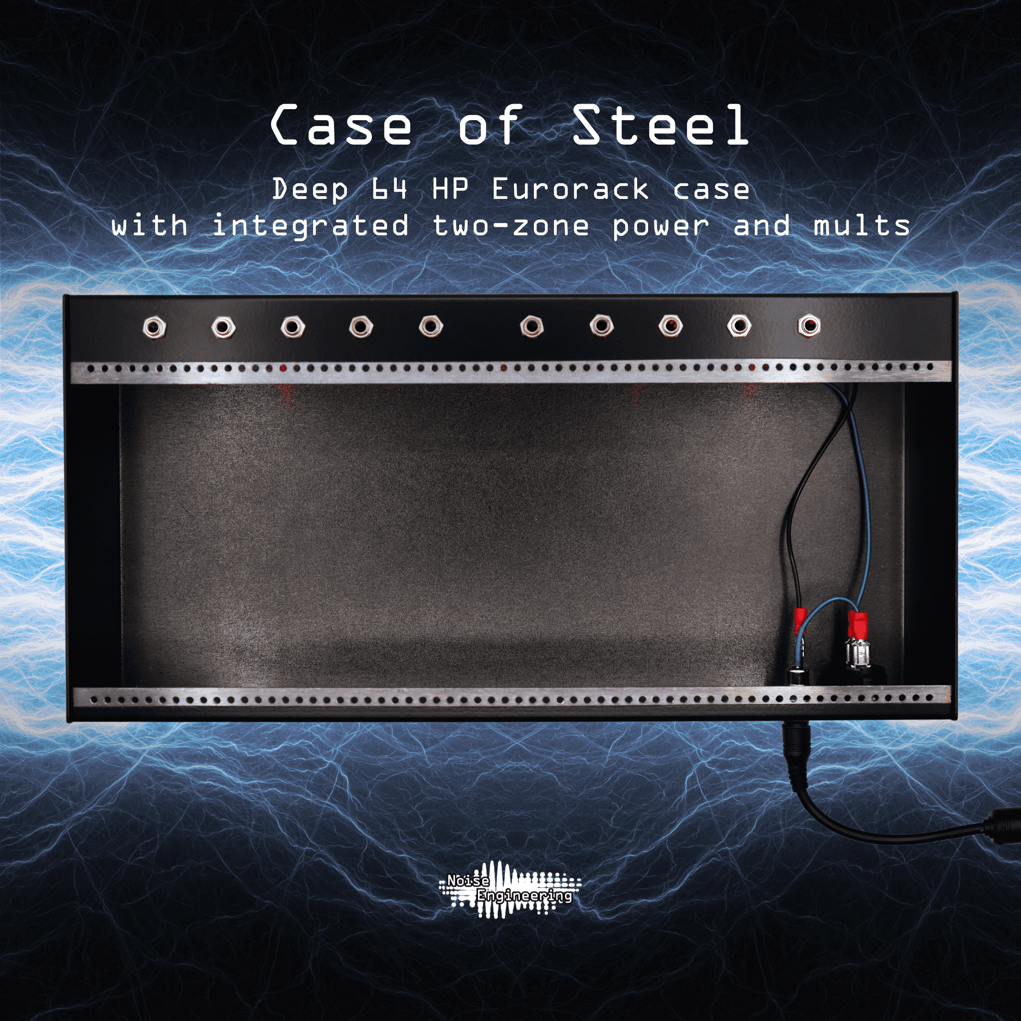 64HP steel case on blue lightning background