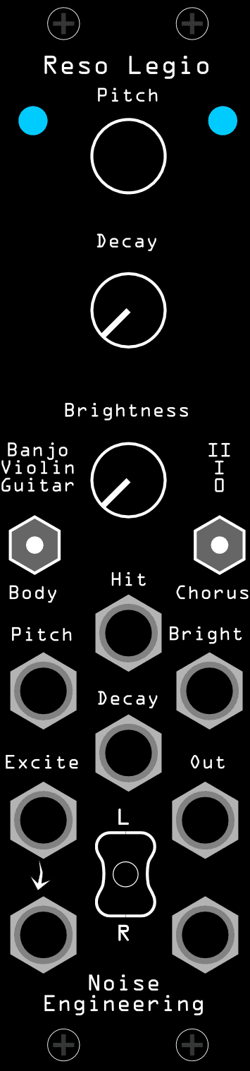 The Reso Legio panel: Pitch, Decay and Brightness knobs down the centre, the Body switch and Chorus control below them, and the Hit, Excite L/In R and Out L/R jacks