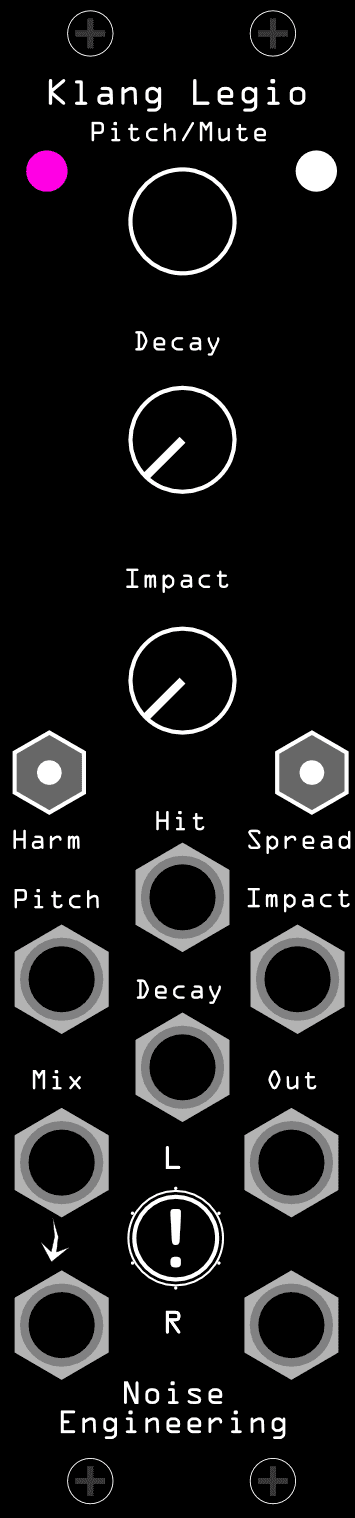 The Klang Legio panel: Pitch, Decay and Impact knobs down the centre, Harm and Spread switches below them, and the Hit, Mix L/R and Out L/R jacks
