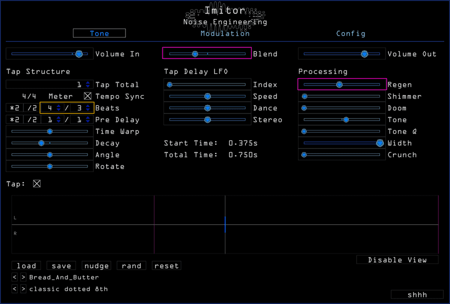 Imitors's timing, blend, and regen controls highlighted