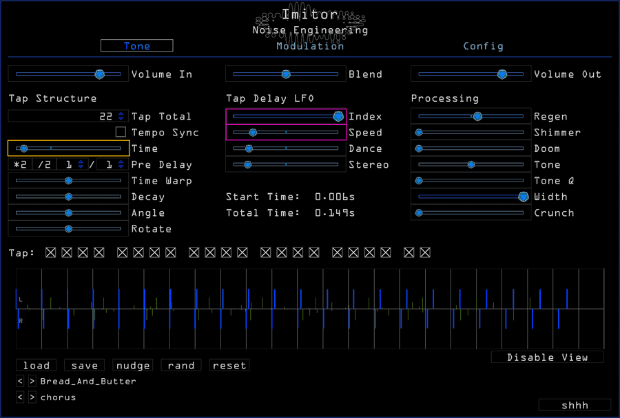 Imitors's time and modulation controls highlighted