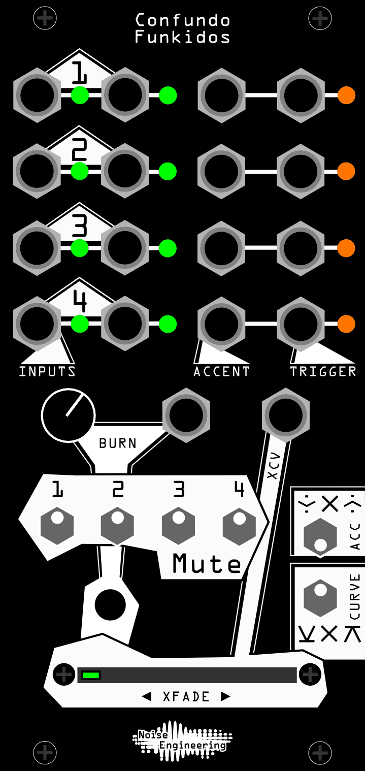 The Confundo Funkidos panel: four rows of Inputs, Accent and Trigger jacks across the top, the Burn knob and its CV input below, four numbered Mute buttons, the Acc and Curve switches on the right, and the XFADE slider along the bottom