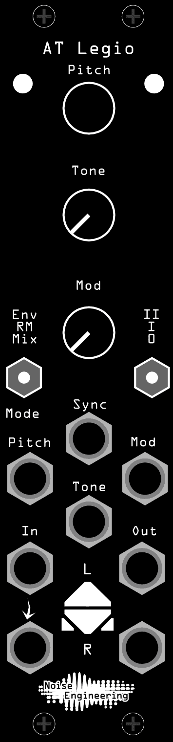The AT Legio panel: Pitch, Tone and Mod knobs down the centre, Env/RM/Mix and 0/I/II switches below them, and the Sync, In L/R and Out L/R jacks