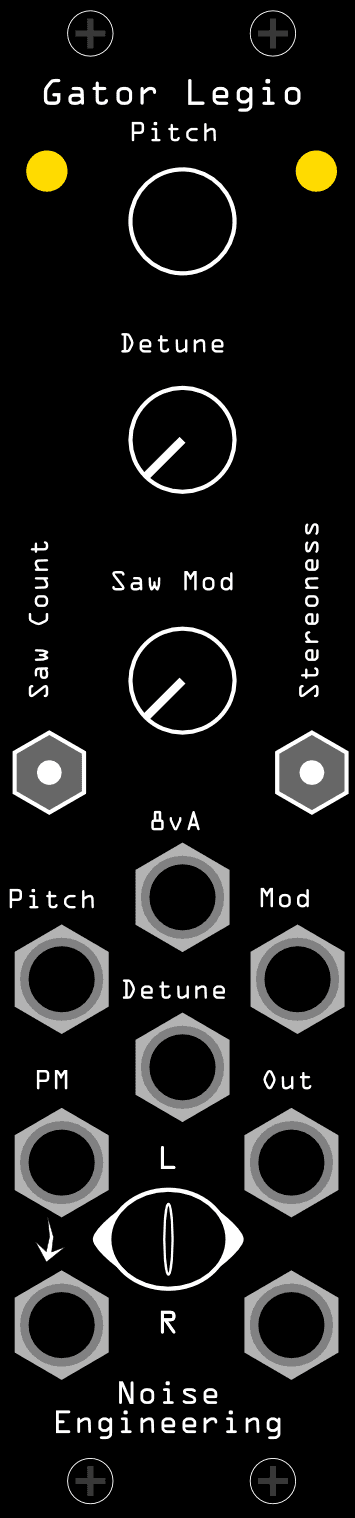 The Gator Legio panel: Pitch, Detune and Saw Mod knobs down the centre, Saw Count and Stereoness switches below them, and the 8vA, PM L/R and Out L/R jacks