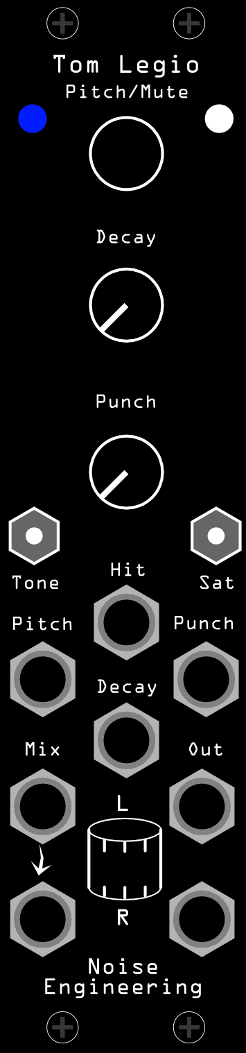 The Tom Legio panel: Pitch, Decay and Punch knobs down the centre, Tone and Sat switches below them, and the Hit, Mix L/R and Out L/R jacks