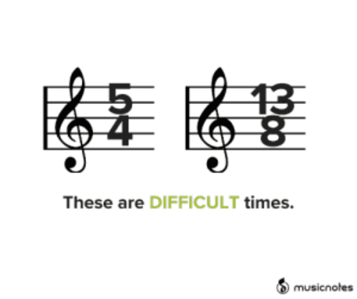 An illustration of two musical staves. The stave on the left has a time signature of 5/4. The stave on the right has a time signature of 13/8. Below the two staves, text reads: These are DIFFICULT times.