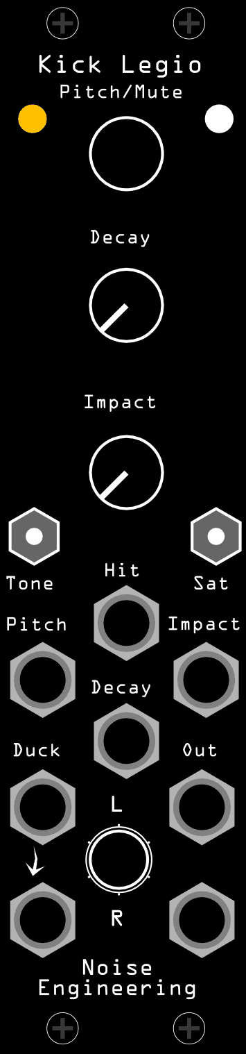 The Kick Legio panel: Pitch/Mute, Decay and Impact knobs down the centre, Tone and Sat switches below them, and the Hit, Duck L/R and Out L/R jacks