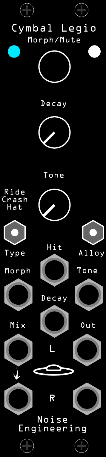 The Cymbal Legio panel: Morph, Decay and Tone knobs down the centre, Type and Alloy switches below them, and the Hit, Mix L/R and Out L/R jacks